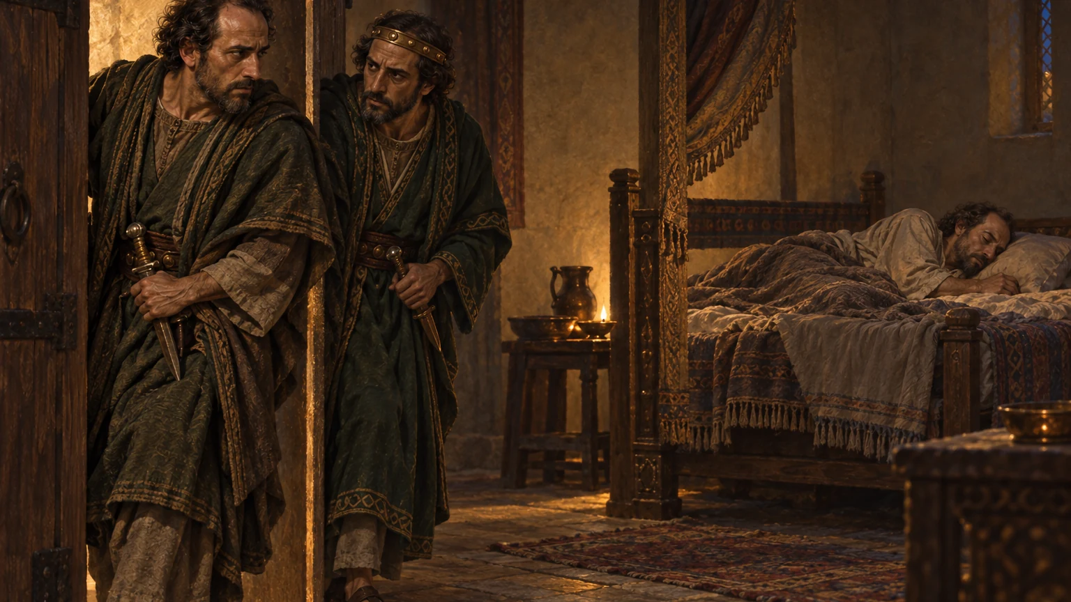 Murderers enter Ish-bosheth's chamber.