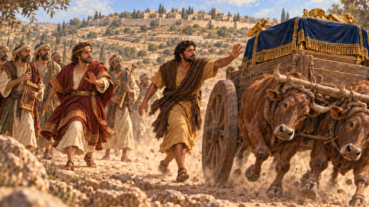 Ark cart jolts and Uzzah reaches toward it.