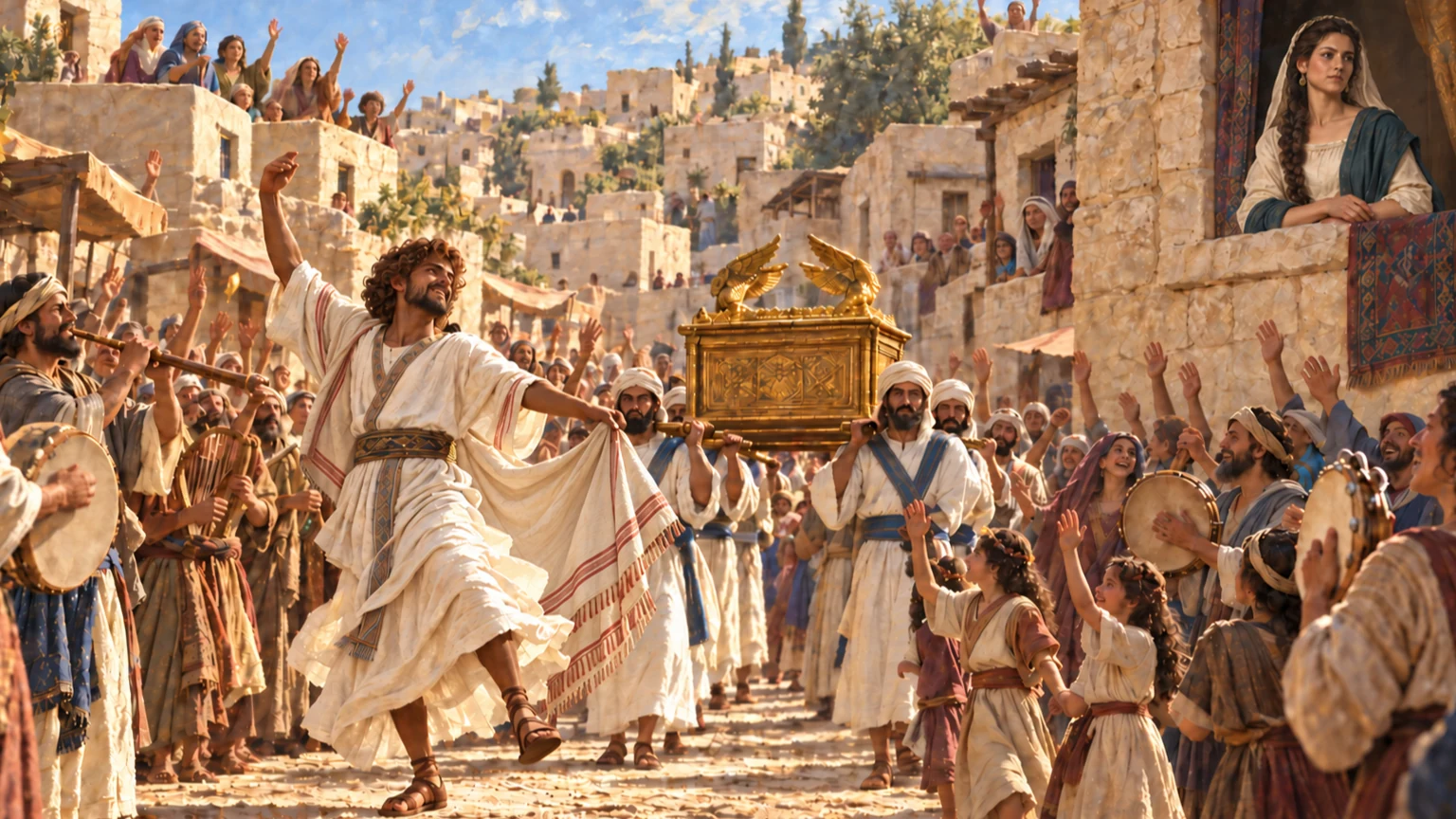 David dances before the ark; Michal watches.
