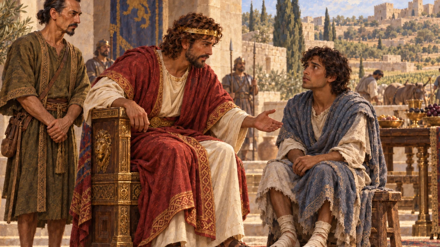 David restores Mephibosheth’s inheritance and charges Ziba.