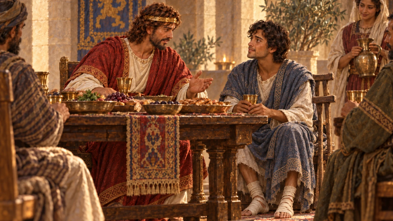 Mephibosheth eats at David’s table.