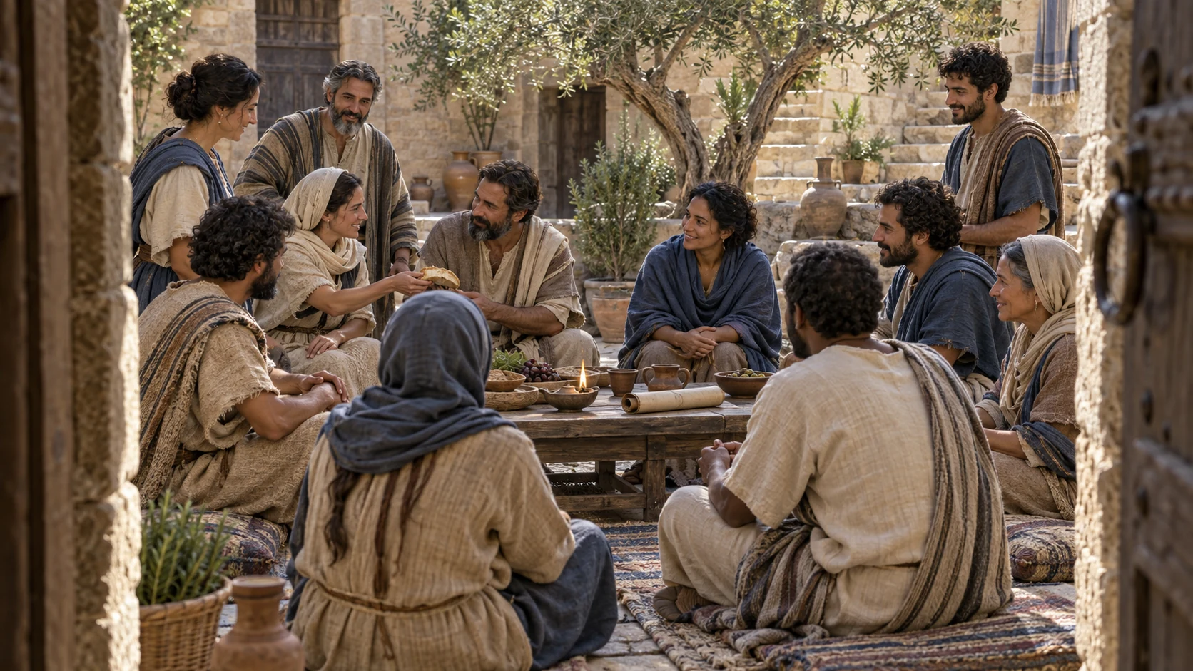 An anonymous community listens around a low courtyard table with papyrus and lamp while adults share bread.