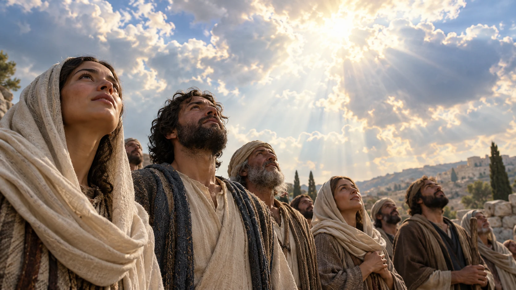 A group of anonymous adults looks upward in quiet wonder beneath an expansive sky.