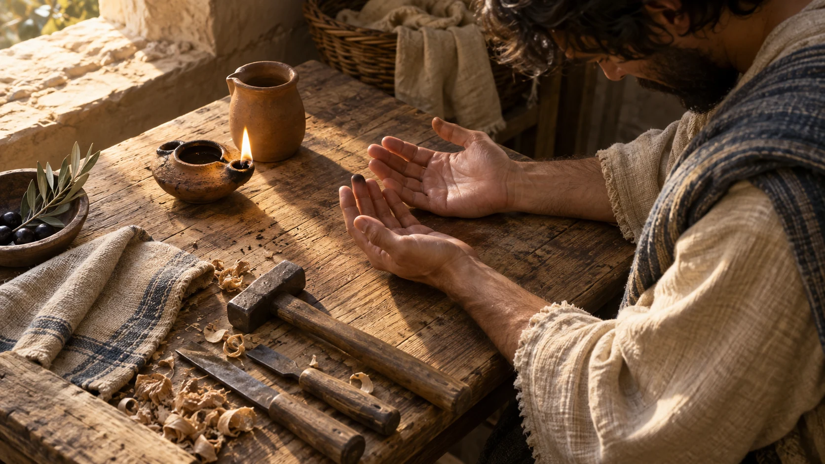 An anonymous adult prays quietly beside simple tools and a lamp.