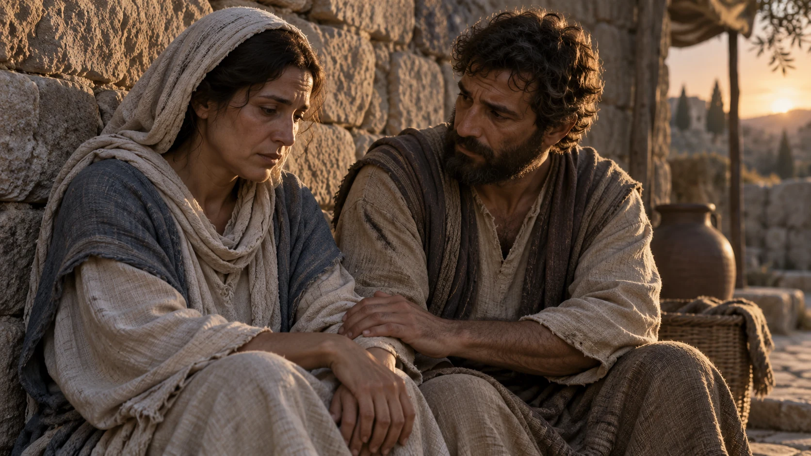 Two tired adults sit together beside a weathered wall, one offering steady support.