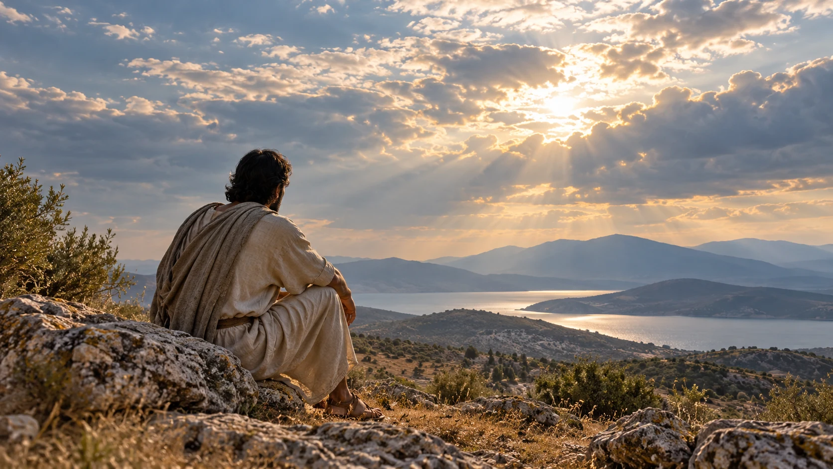 A weary anonymous adult rests beneath an open sky brightening above distant clouds.