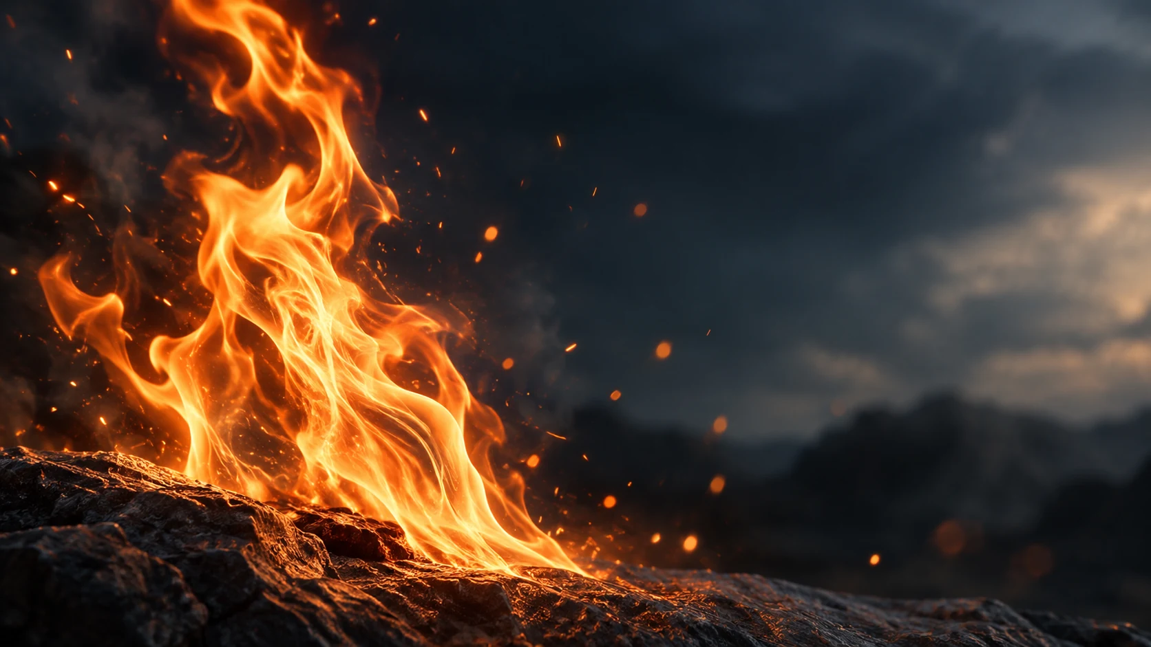 A flame fills the foreground against deep darkness without figures or victims.