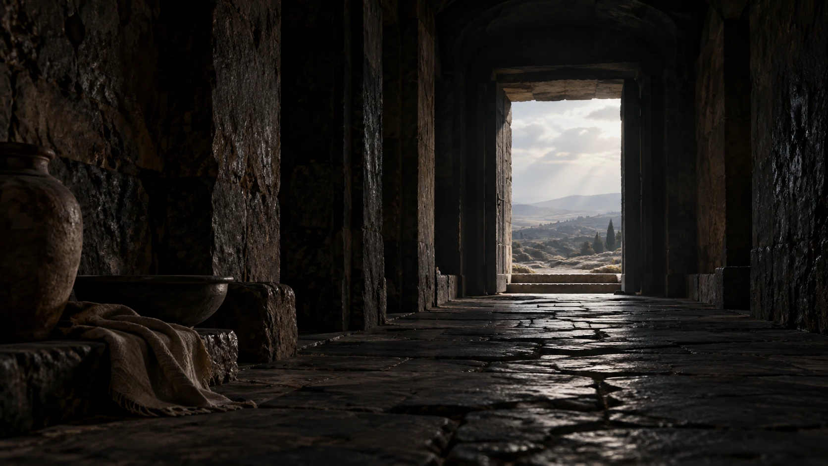 An empty shadowed stone threshold lies beyond distant light.