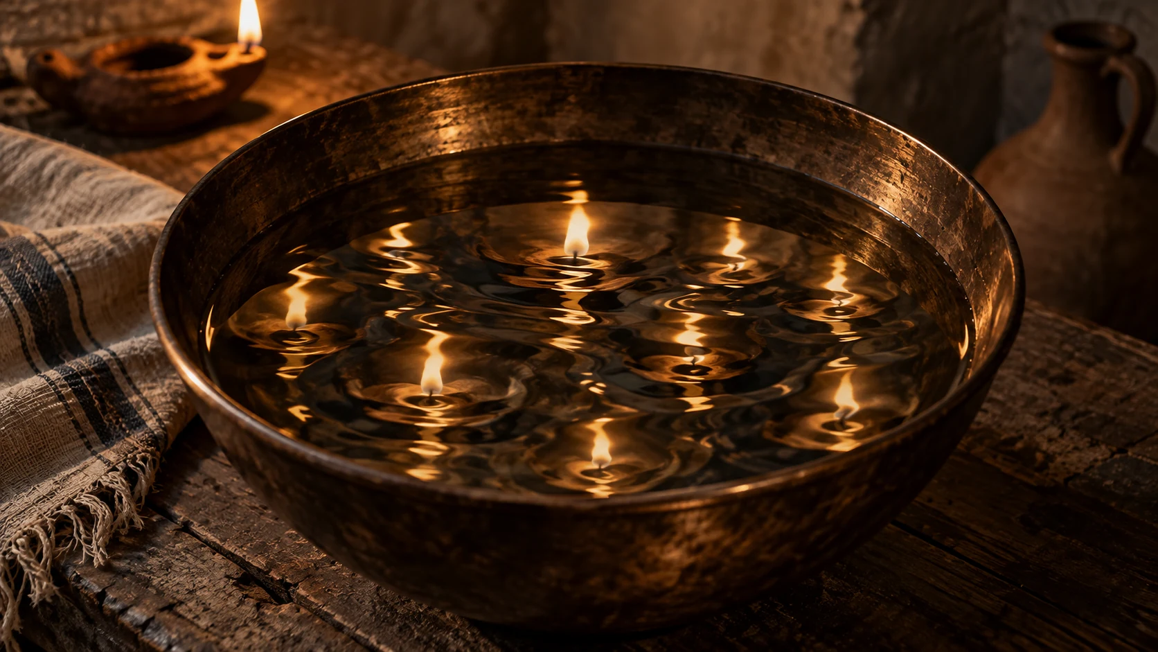 An indistinct reflection repeats in a dark bronze bowl.