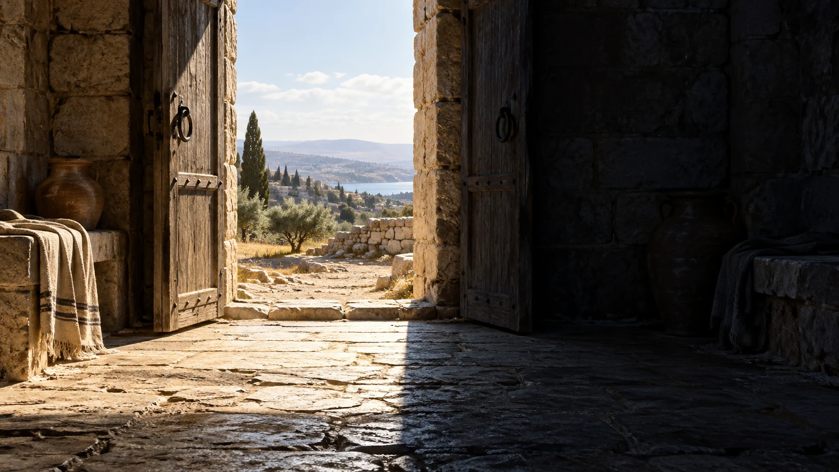 An empty ancient doorway is divided sharply between daylight and deep shadow.