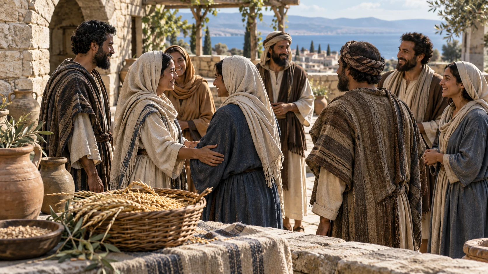 Anonymous adults gather in a bright courtyard beside a modest firstfruits basket.