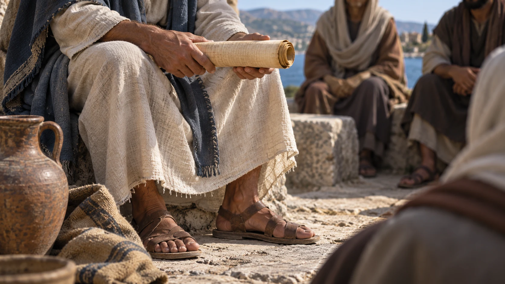 Steady adult hands hold a plain rolled letter beside the listeners’ grounded feet.