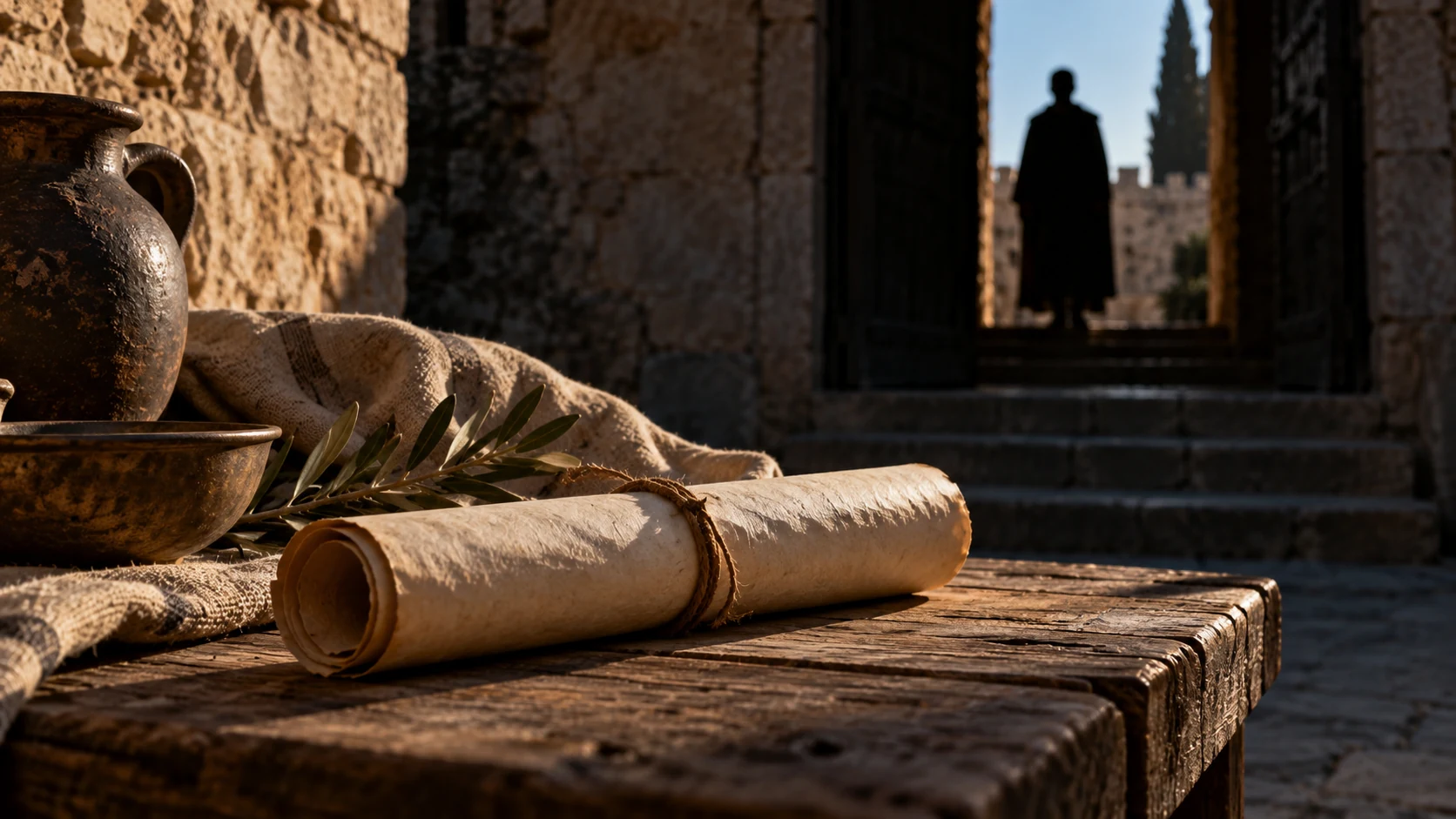 A distant indistinct human silhouette stands in shadow beyond an unmarked letter.