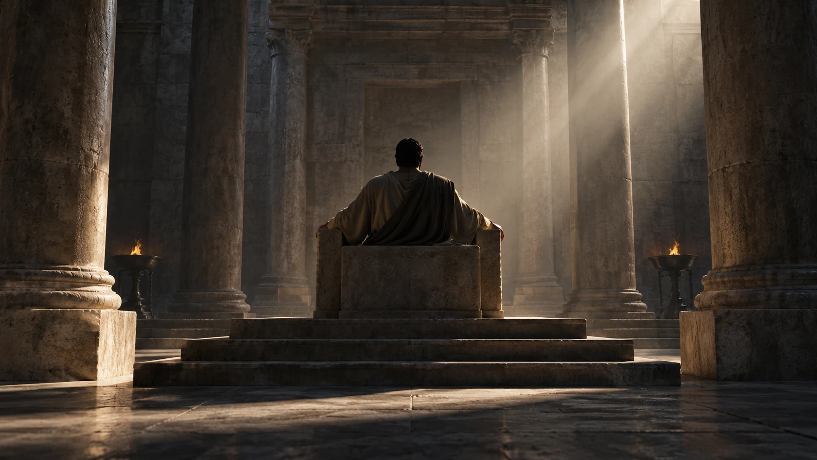 A faceless human figure sits arrogantly in an austere nonspecific stone sanctuary.
