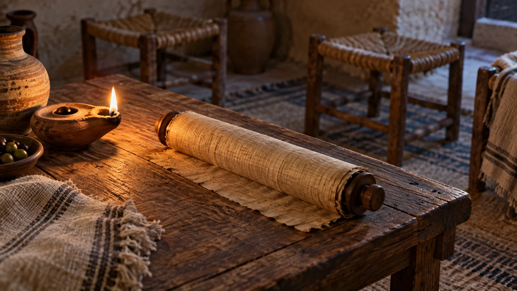 Worn papyrus and a clay lamp rest where an unseen community has listened.