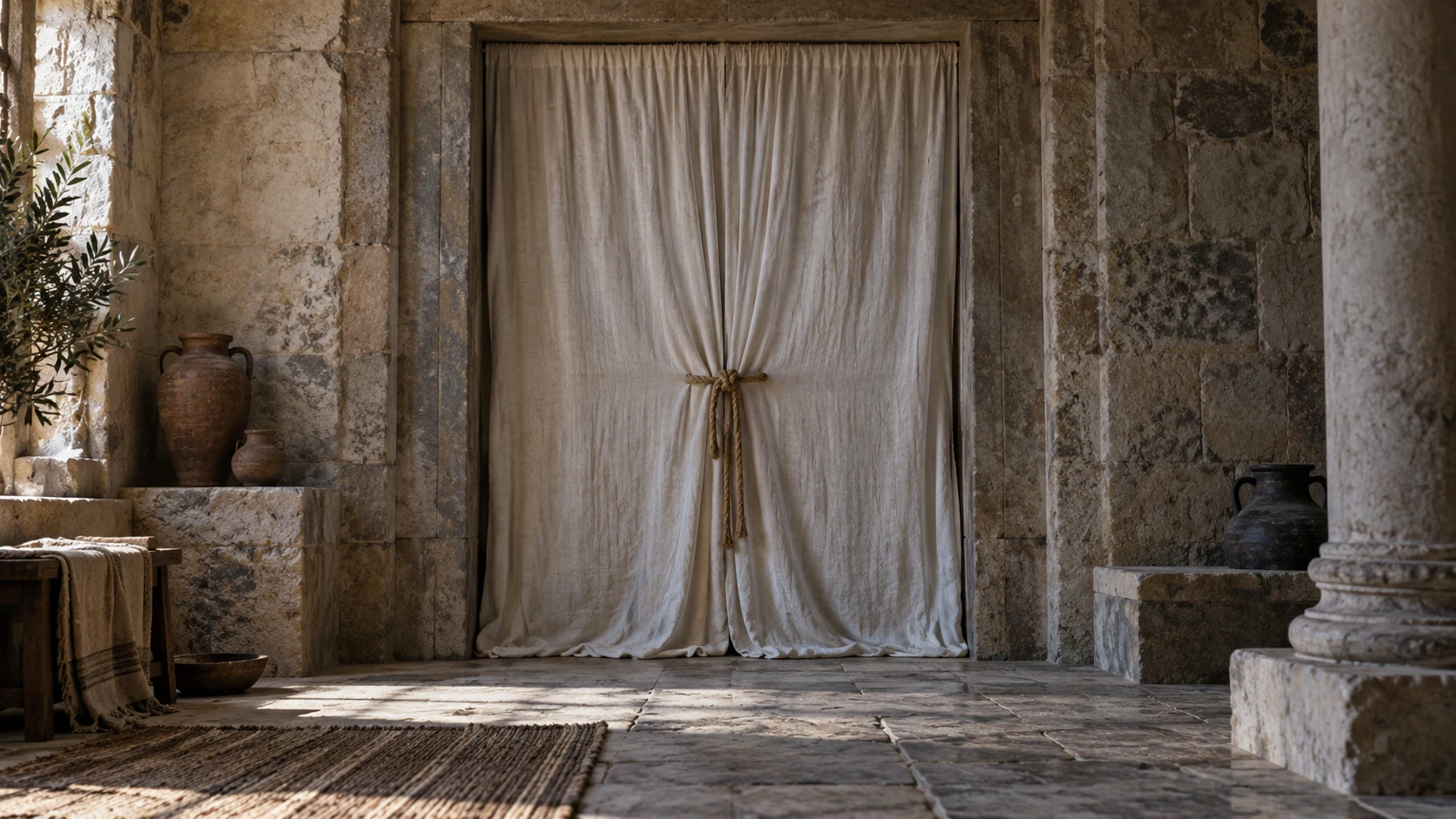 A plain tied linen curtain conceals a recess in a stone room.