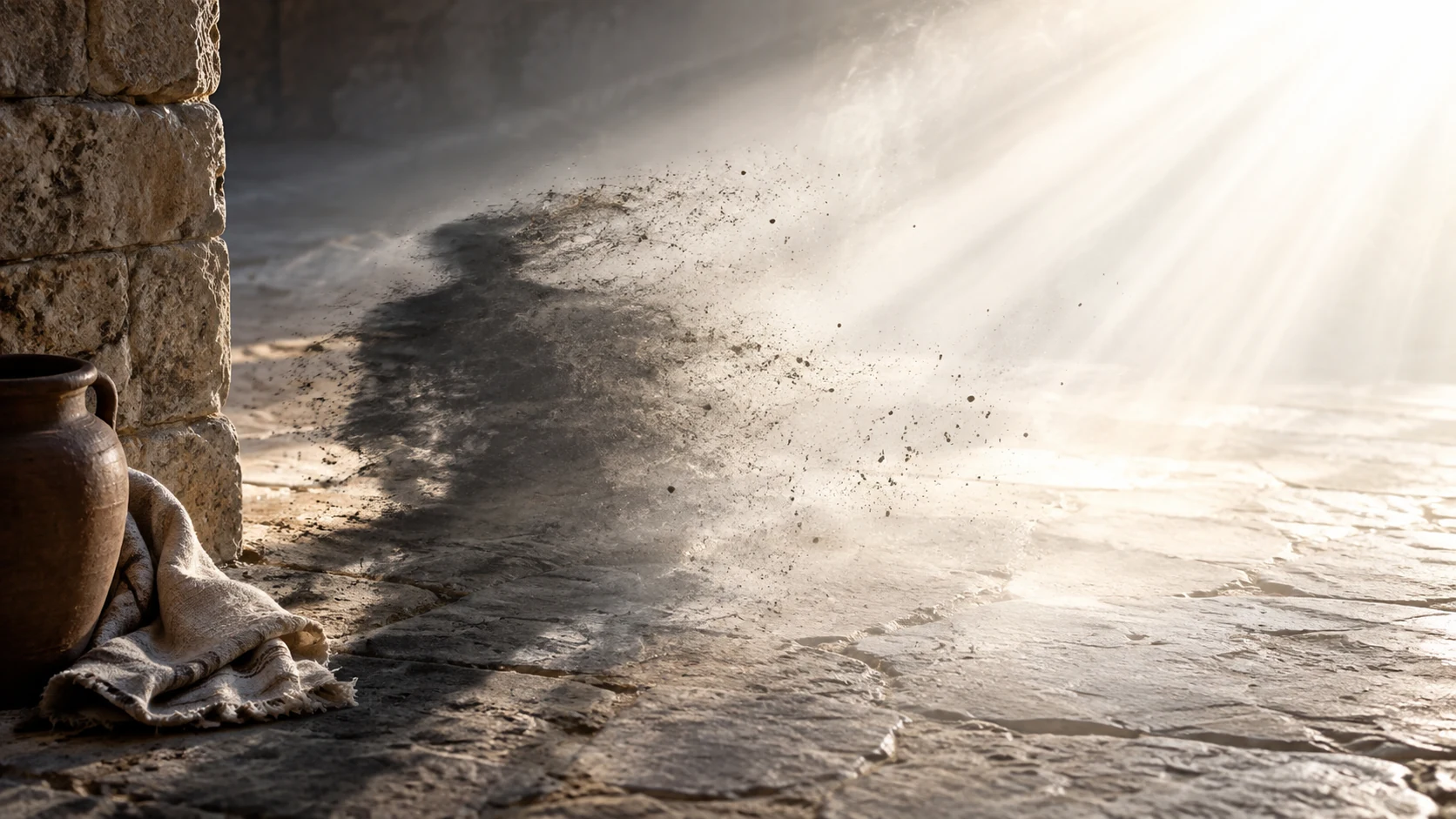 An indistinct dark human-shaped shadow vanishes beneath a field of strong light.