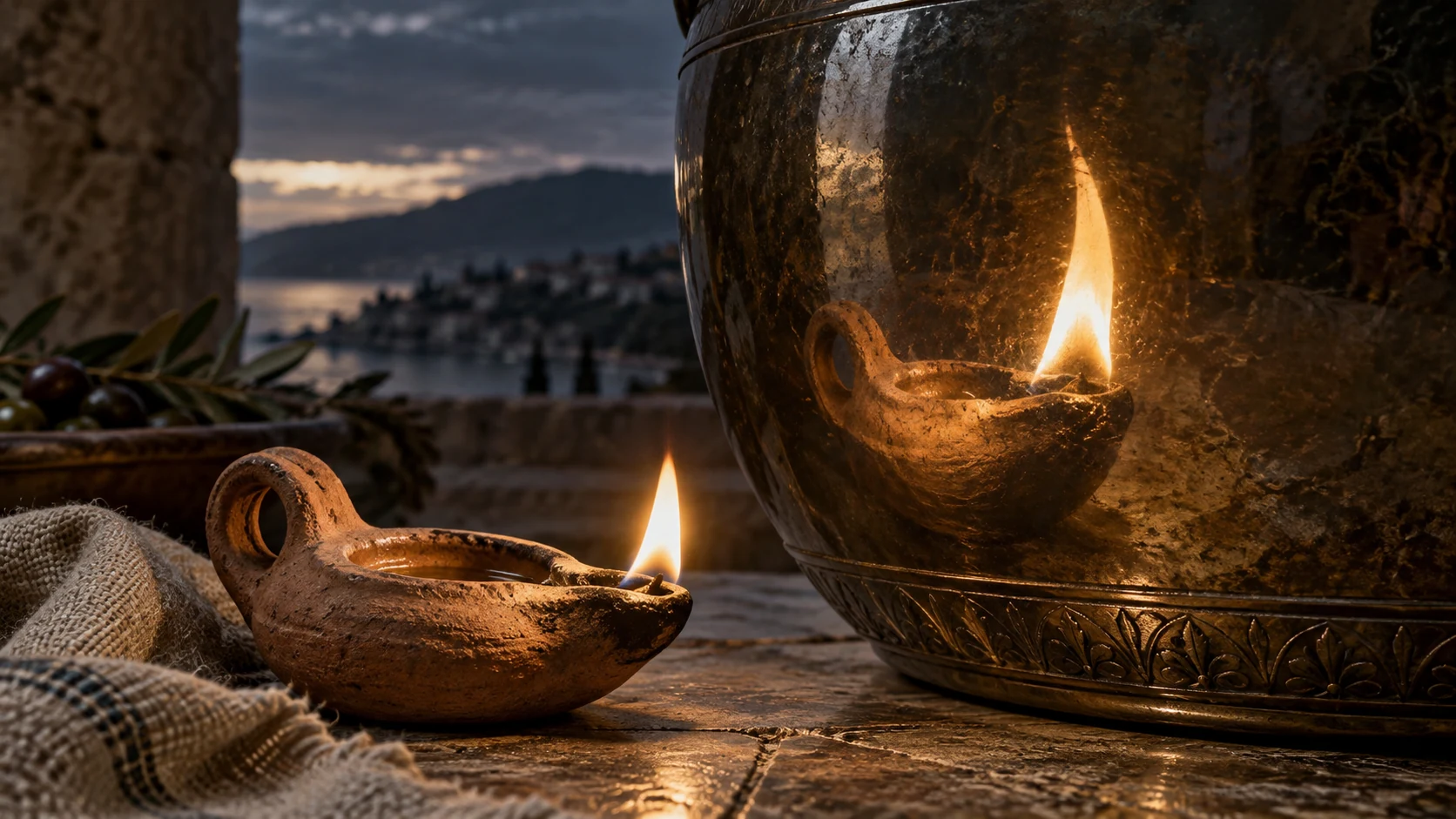 A small flame reflected in dark polished metal appears larger than its source.