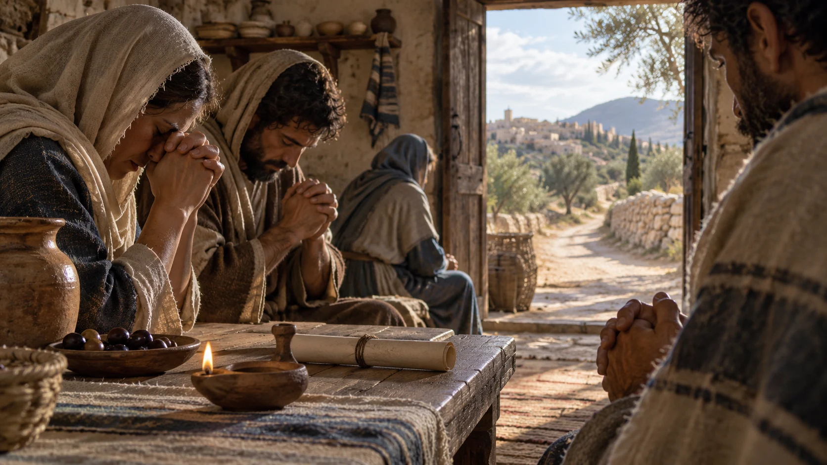 Anonymous adults pray beside a rolled letter with a road opening into the distance.