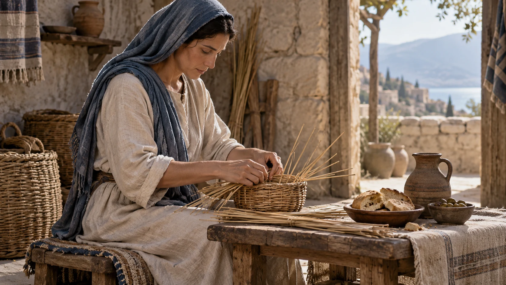 An anonymous adult works attentively at a simple bench beside a modest meal.