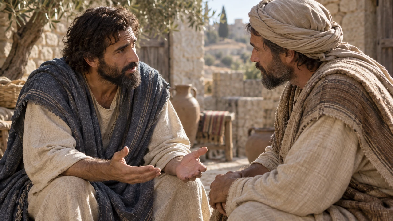 Two anonymous adults speak face to face with open hands and equal footing.