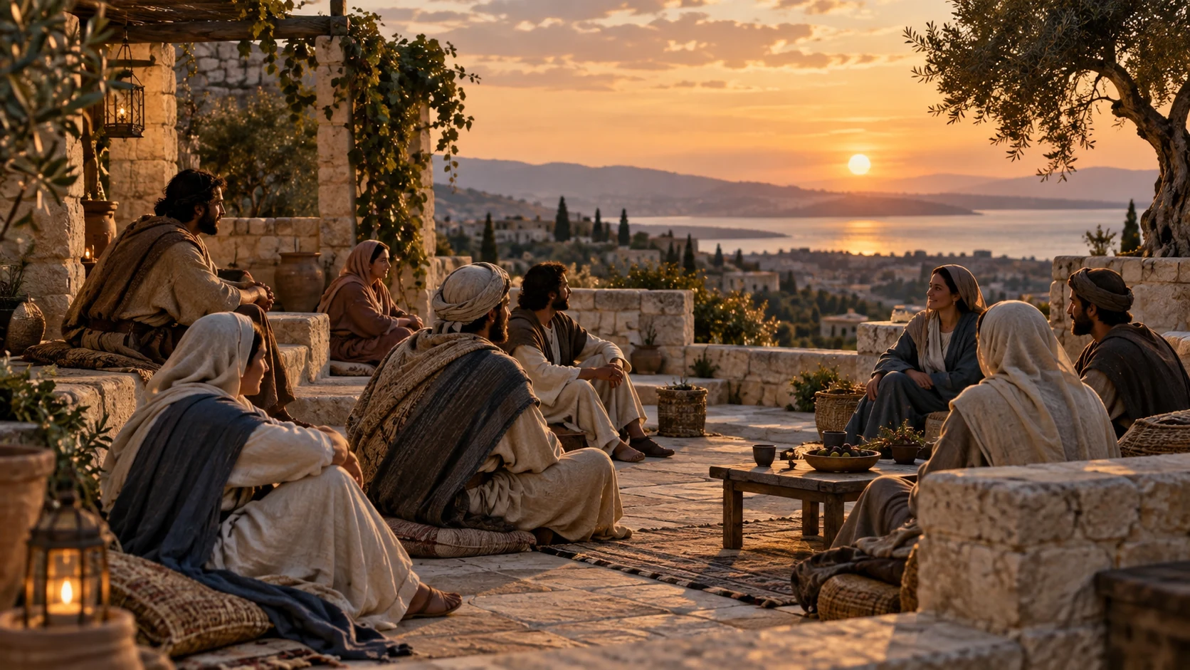 An anonymous community rests together in an open evening courtyard.