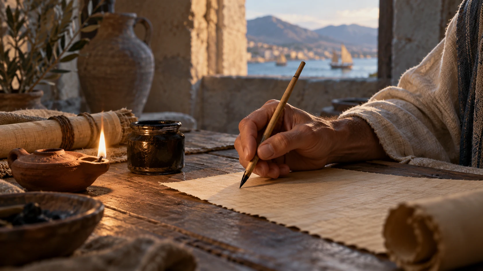 A cropped writing hand holds a reed pen beside papyrus and a lamp.