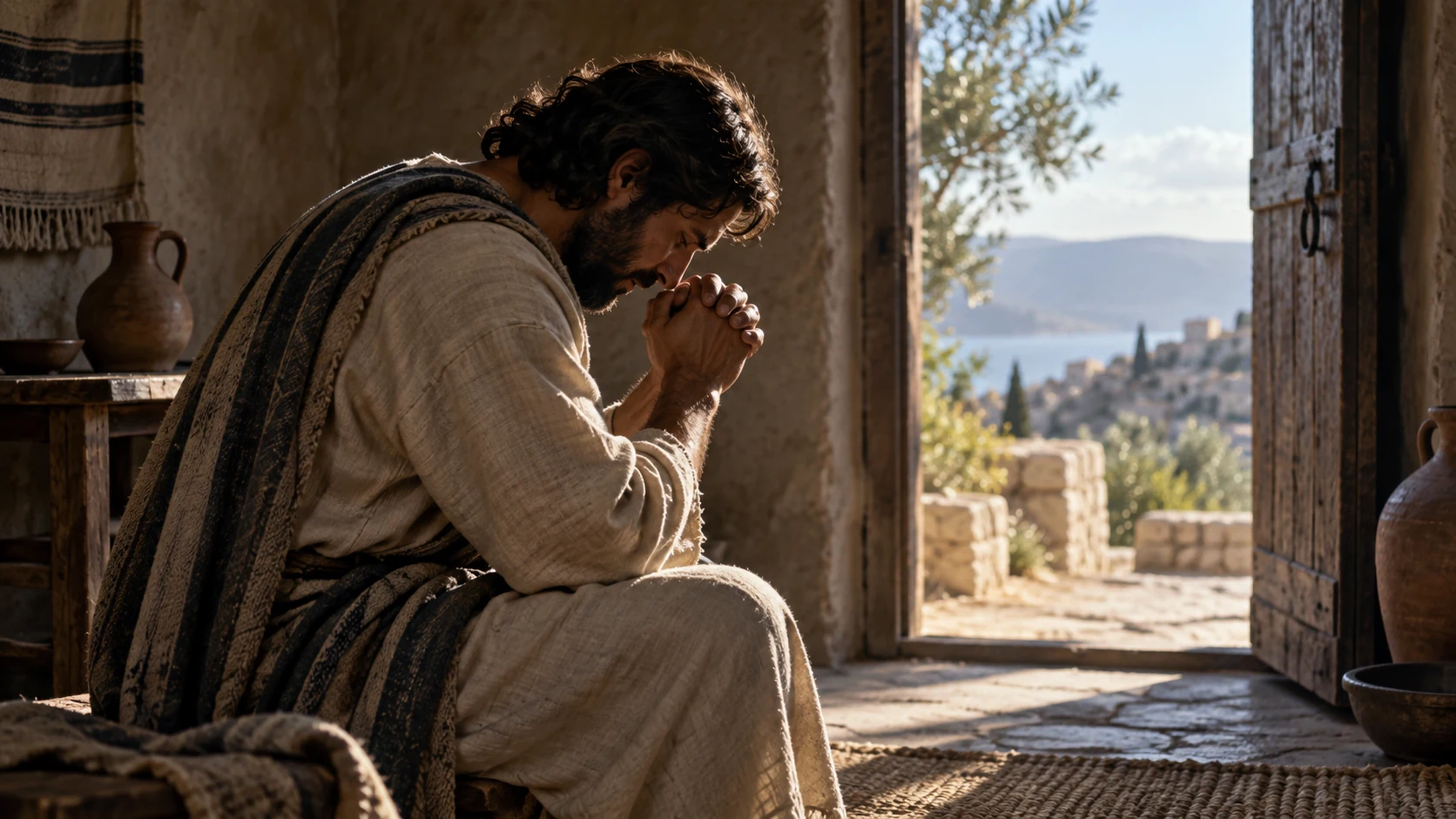 An anonymous adult prays in a shadowed room with a clear open exit behind.
