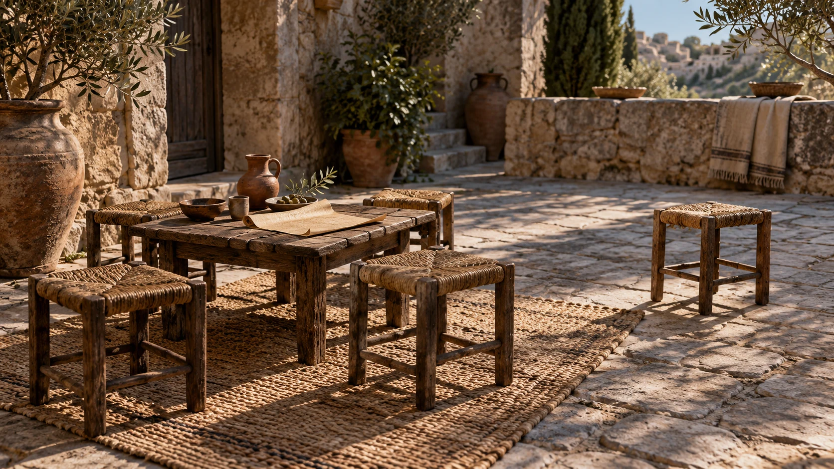 A lone empty stool stands apart from a small ring of seats around a letter.
