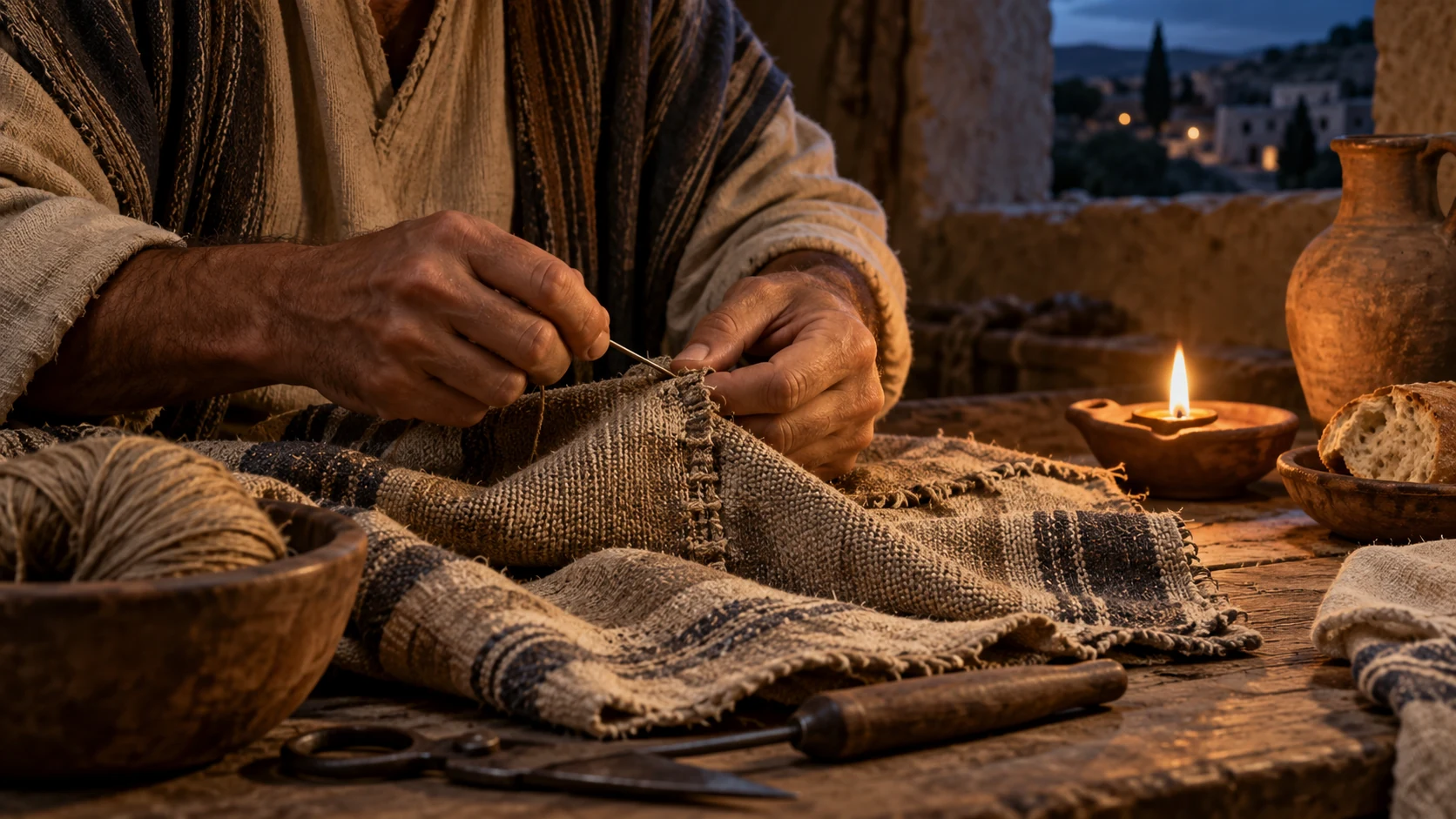 Anonymous adult hands work sturdy woven cloth beside a lamp and bread.