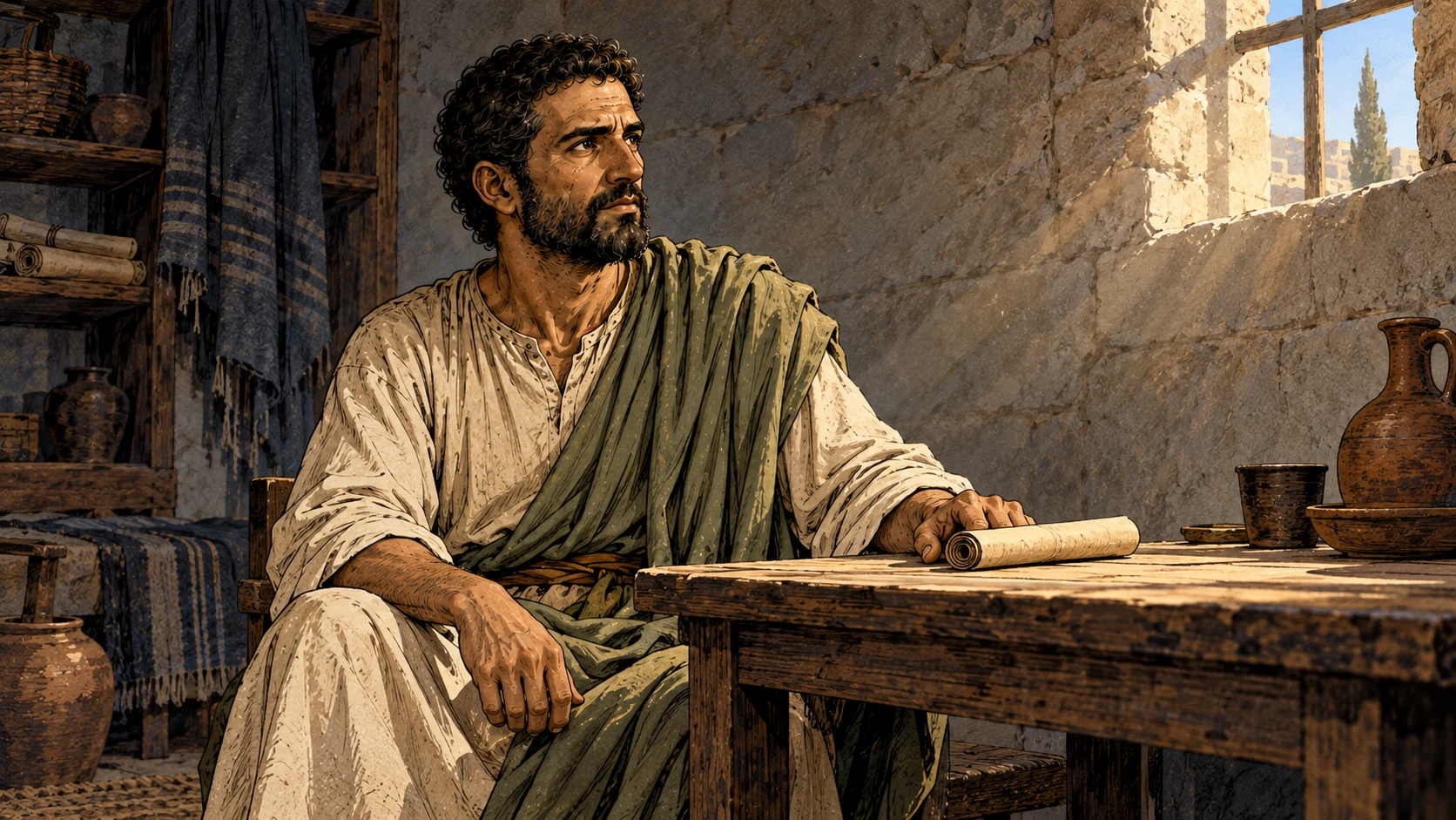 Paul sits beside a rolled unlettered letter in a modest stone room, looking toward morning light.