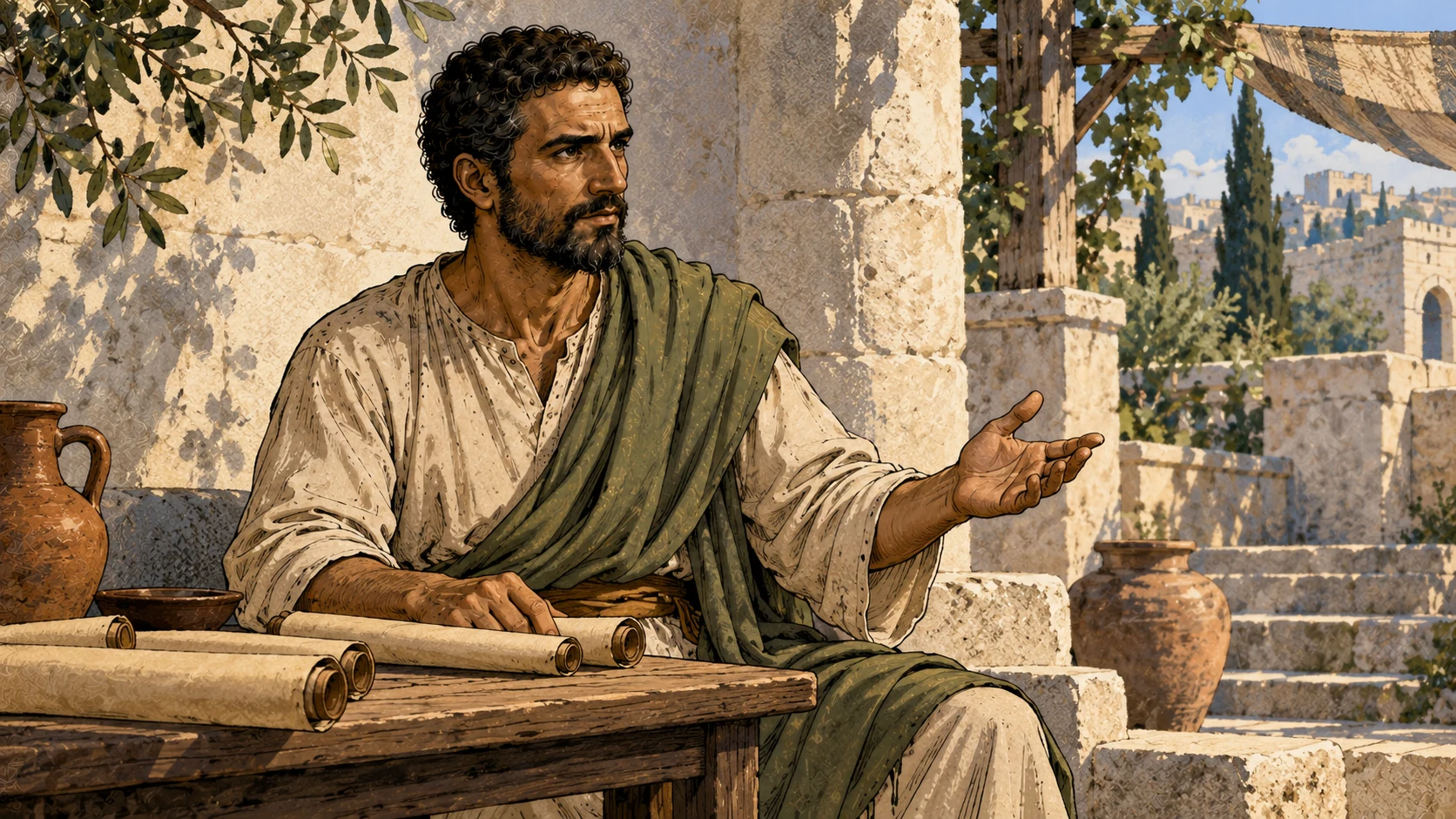 Paul sits beside rolled scrolls in a bright courtyard, extending an open teaching hand.