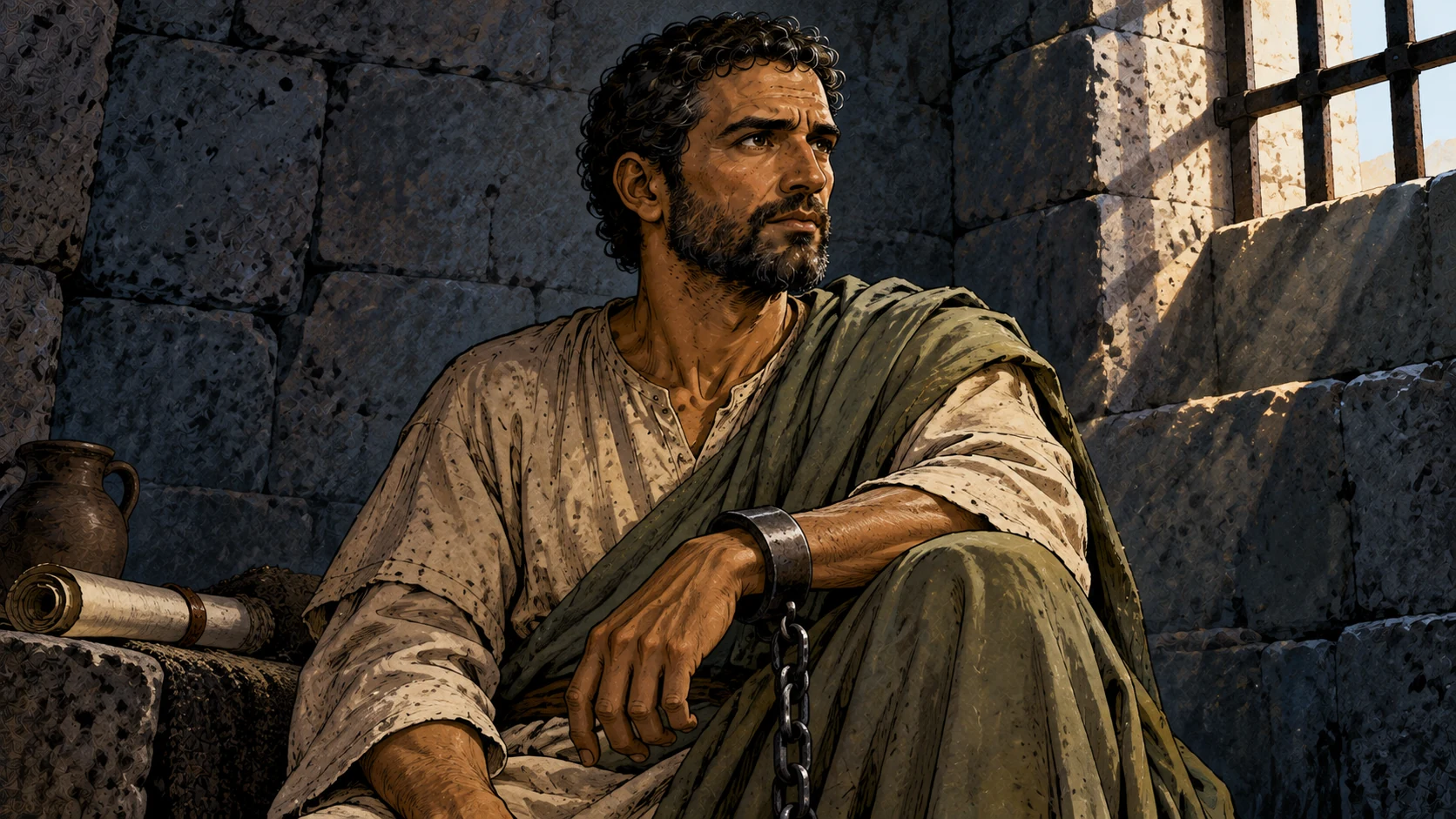 Paul rests his chained wrist on his knee in a shadowed stone room, looking steadily toward window light.