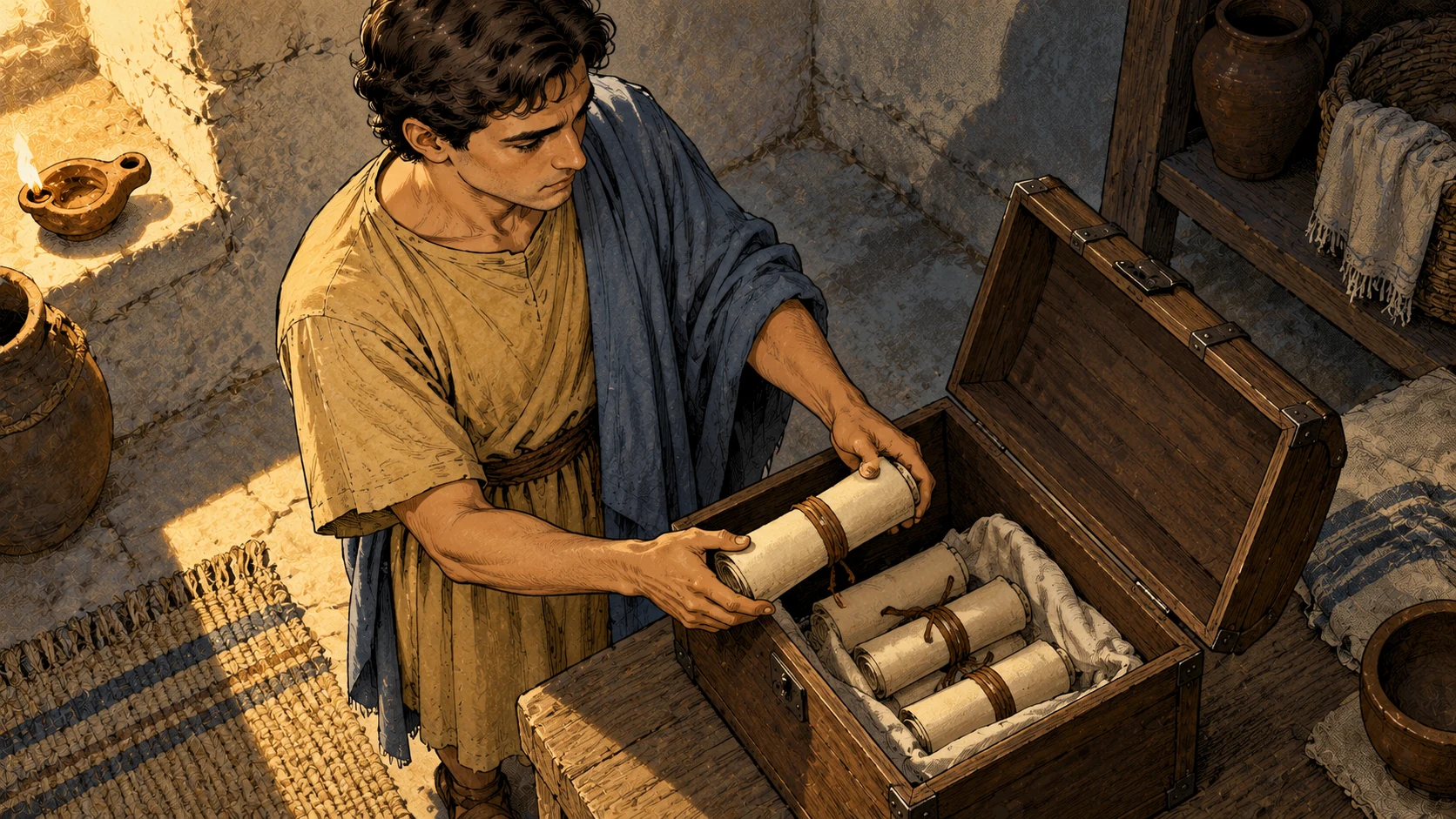 Seen from above, Timothy carefully lowers a rolled papyrus into a plain wooden chest containing other scrolls.