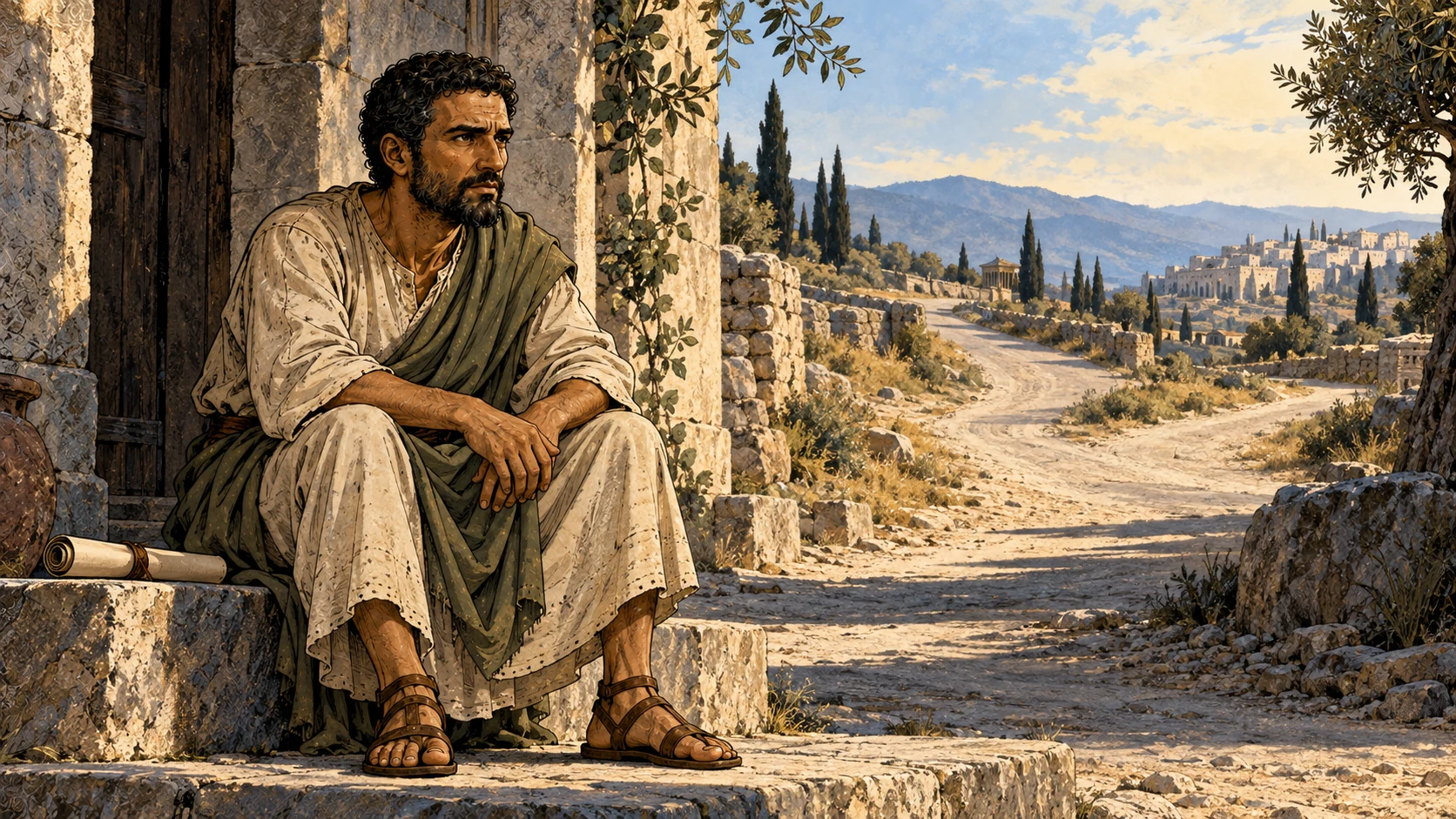 Paul sits alone at a stone threshold beside an empty road branching toward a distant settlement.
