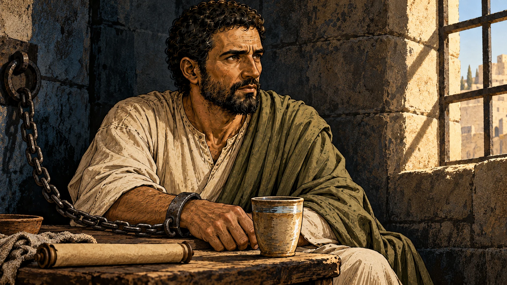 Paul's chained hand rests on a low table beside an earthenware cup and a rolled papyrus.