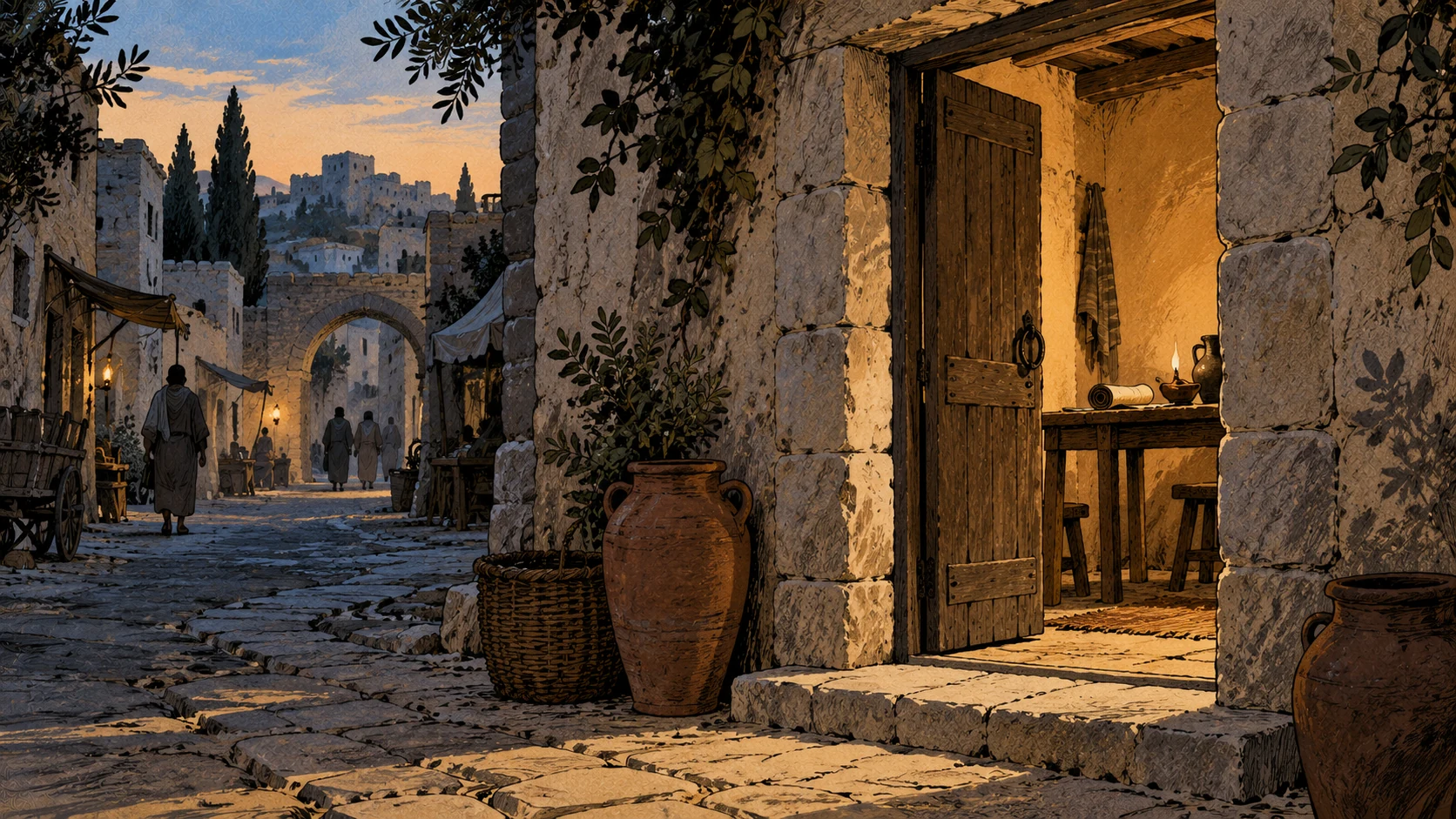 A winding stone street leads past anonymous distant pedestrians to an open lamplit doorway with rolled papyrus on a table.