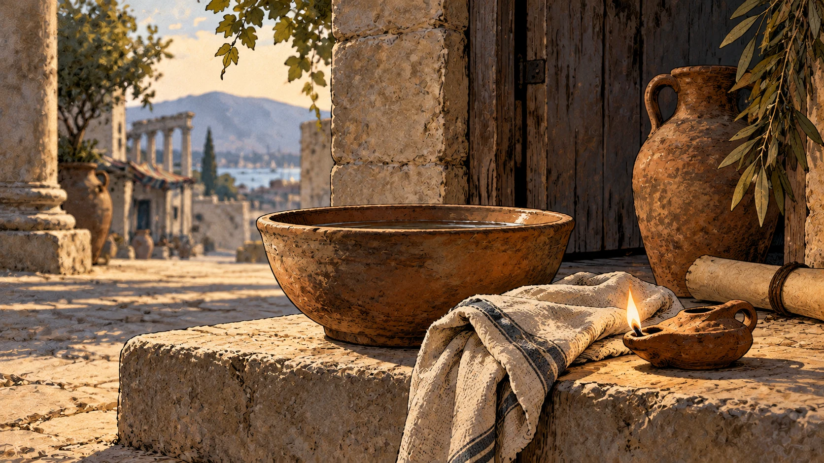 A serving bowl, folded linen, oil lamp, jar and rolled papyrus sit at a sunny stone threshold overlooking a distant port.