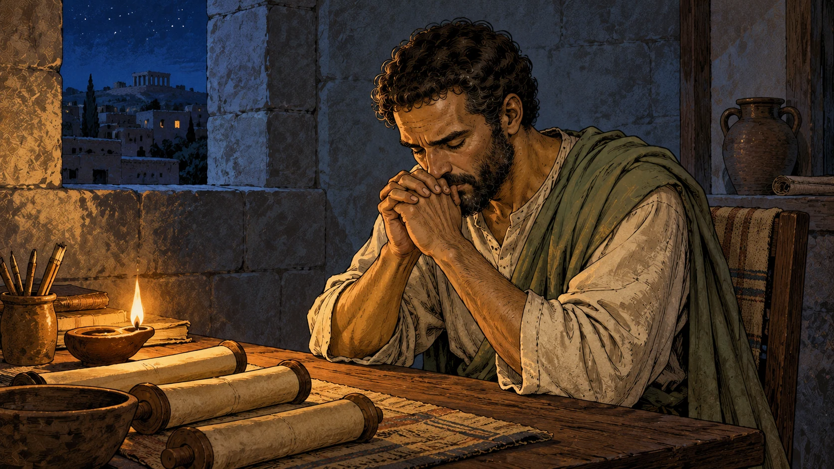 Paul prays with clasped hands beside an oil lamp and rolled papyri under night shadows.