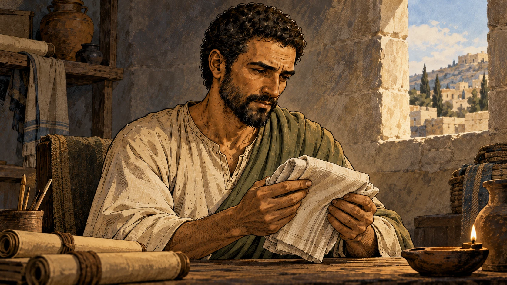 Paul looks down tenderly at folded linen held in his hands beside a daylight window.