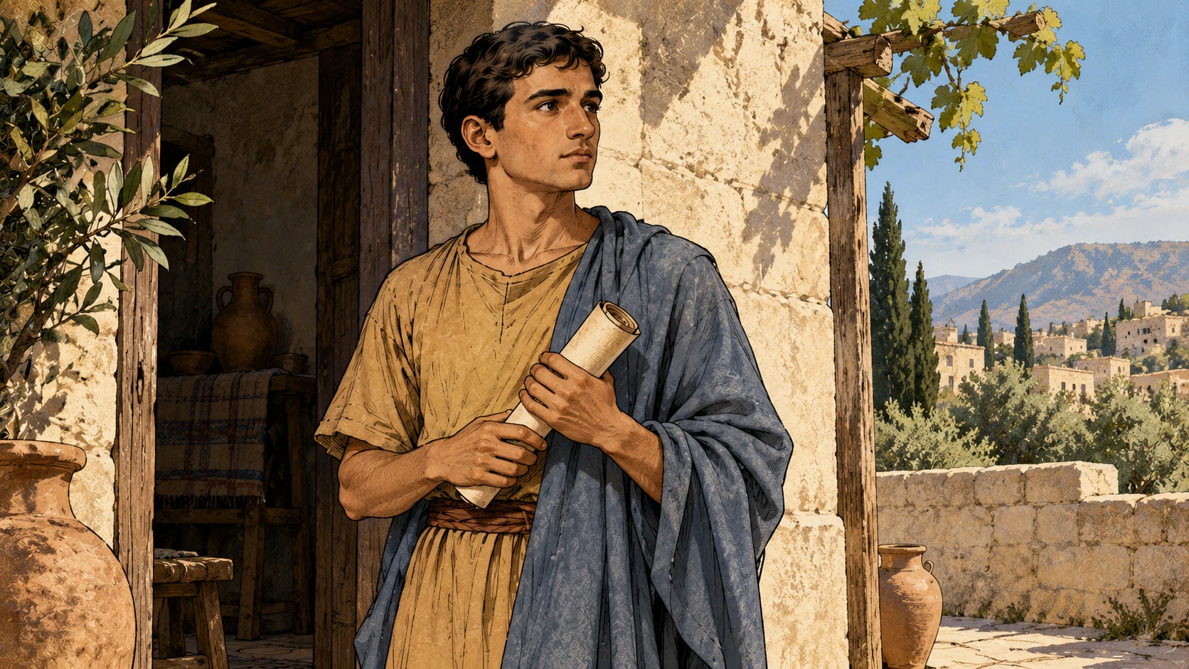 Timothy holds a rolled papyrus at a sunlit domestic threshold, looking thoughtfully outward.