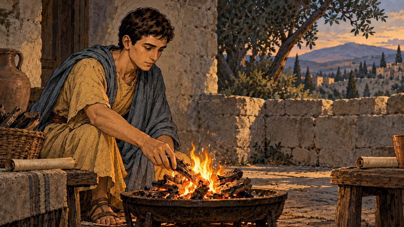 Timothy alone adds fuel to a small brazier fire in a quiet courtyard.