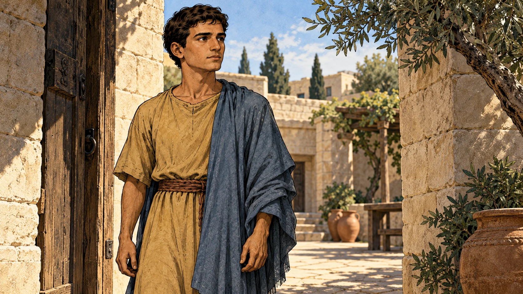 Timothy stands calmly in a sunlit courtyard doorway, his hands relaxed.