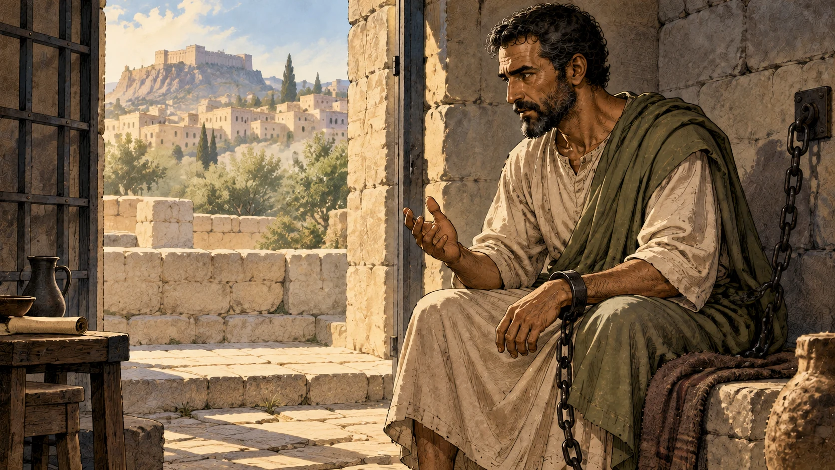Paul sits alone beside an empty doorway with an iron chain fastened at his wrist.