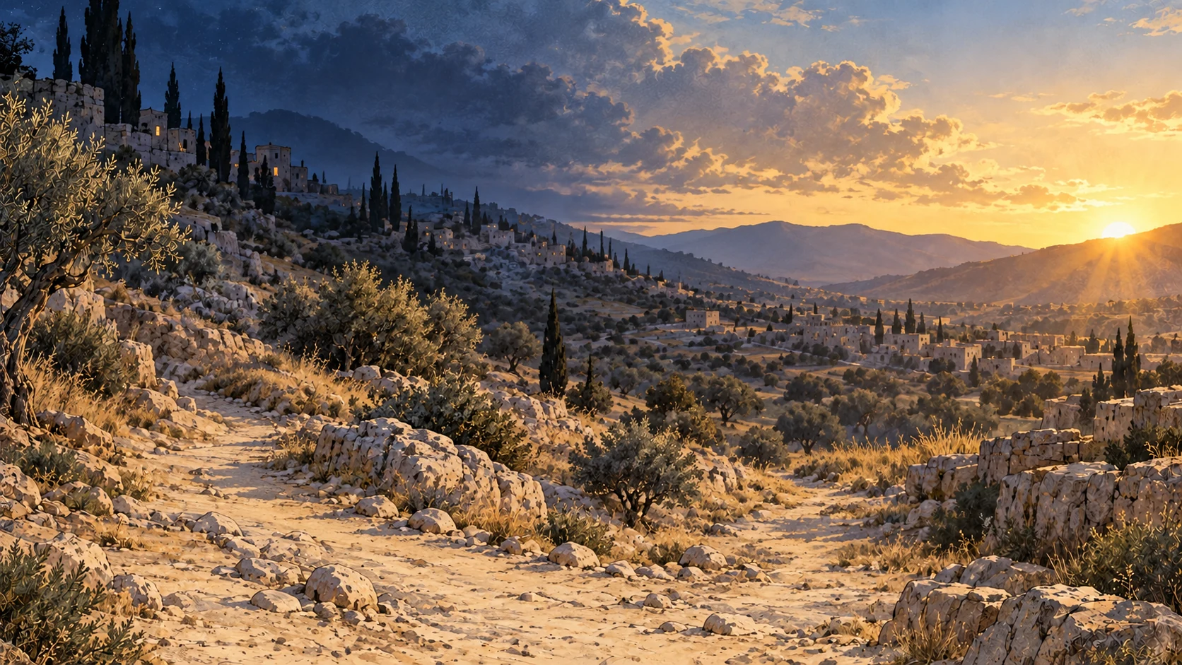 An empty rocky hillside path and distant settlement pass from cool shadow toward warm sunrise.
