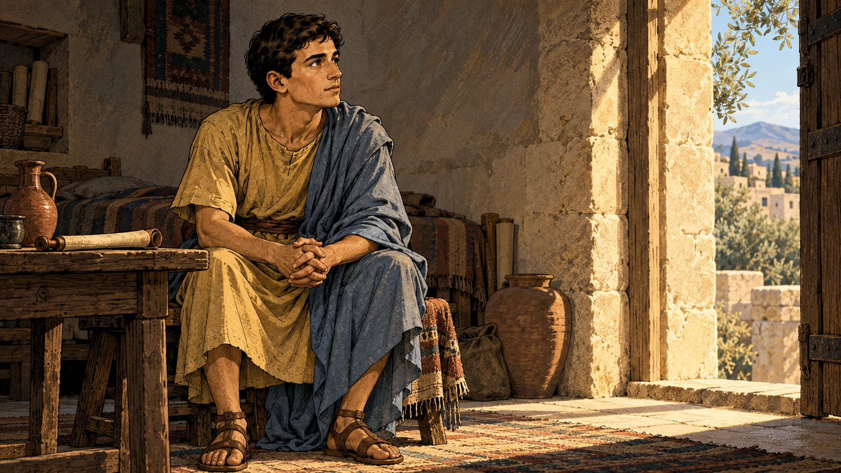 Timothy sits with clasped hands in a shaded room, looking toward daylight through an open doorway.