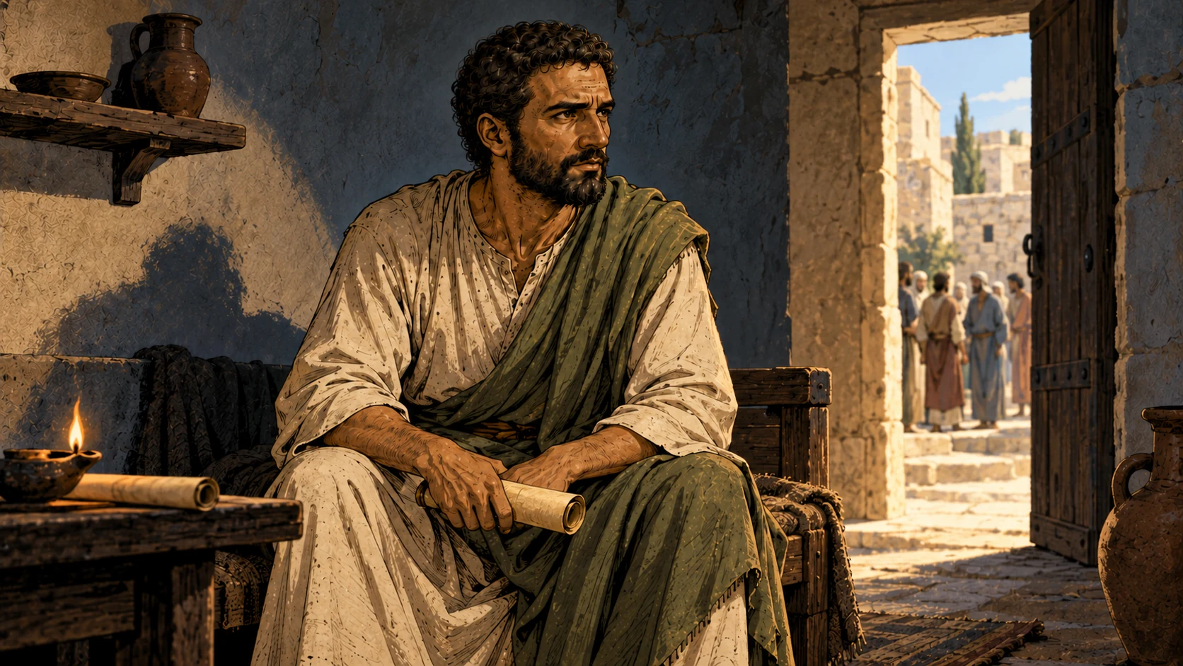 Paul sits holding a rolled scroll in a shadowed room, while a small anonymous community gathers in sunlight beyond the doorway.