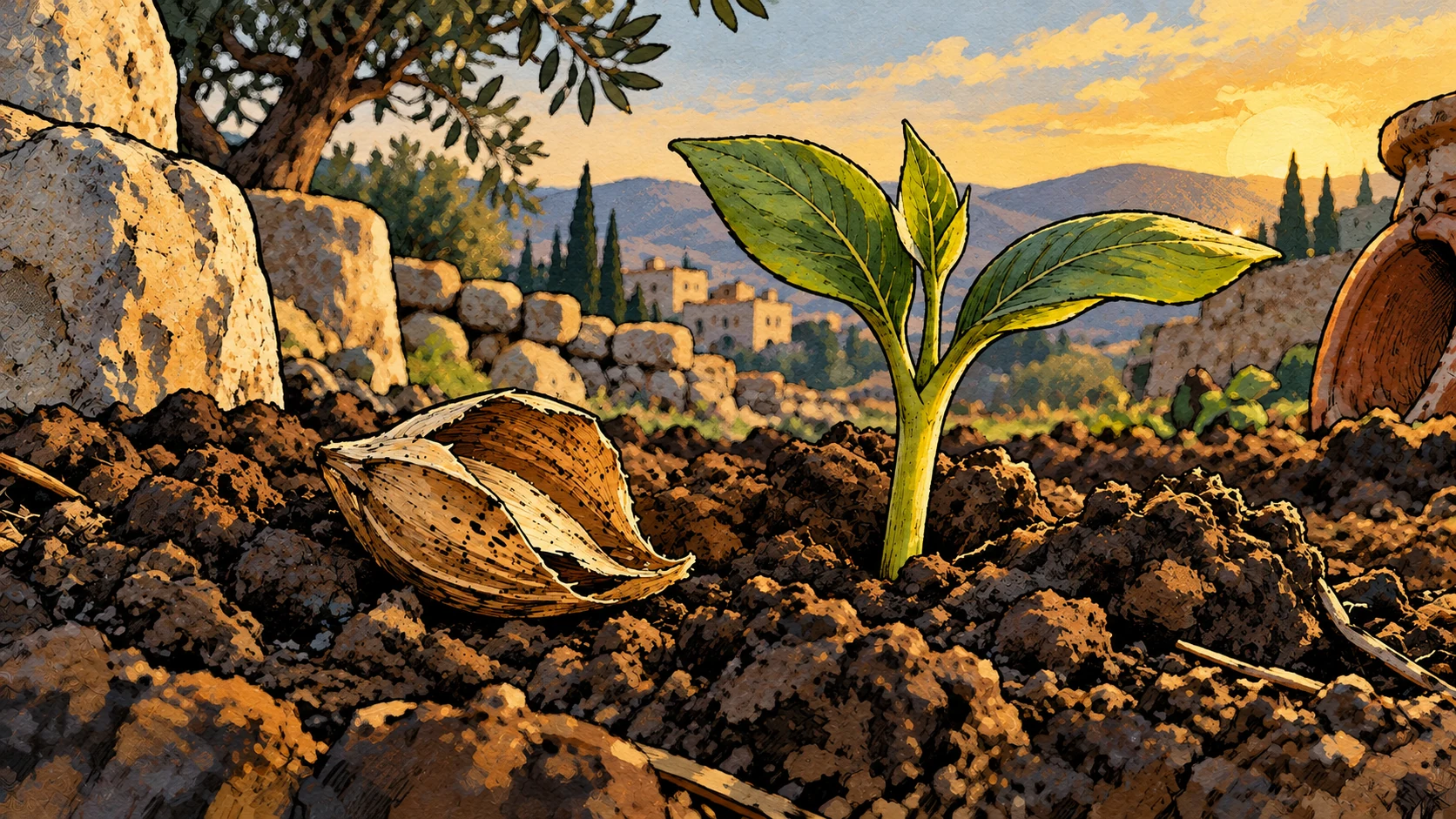 A split seed husk lies beside a living green shoot in dark soil, rendered with inked outlines and painted color.