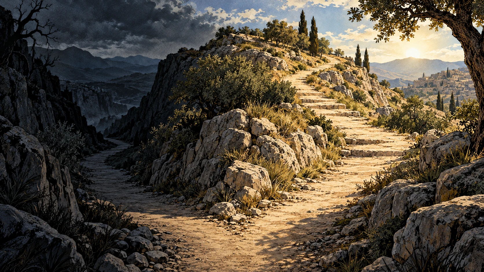 Two stone paths diverge around a rocky hillside, one ascending in sunlight and the other descending into deep shadow.