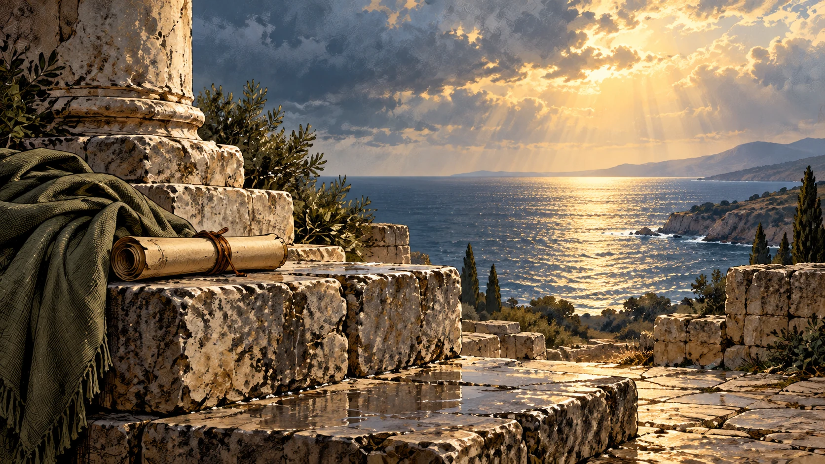 Steady sunlight crosses a broad sea horizon beyond weathered stonework, with a rolled scroll on the stone and rainwater in the foreground.